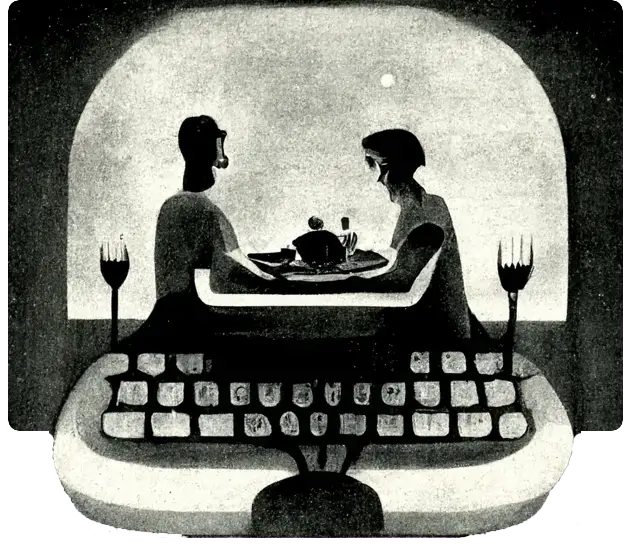An illustration of a styled typewriter keyboard with a screen showing the image of a couple having dinner in black and white