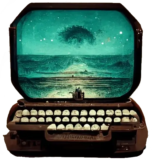 An illustration of a styled typewriter keyboard connected to a retro-looking monitor shows a landscape with flowers, a village at a distance, and a sea behind it